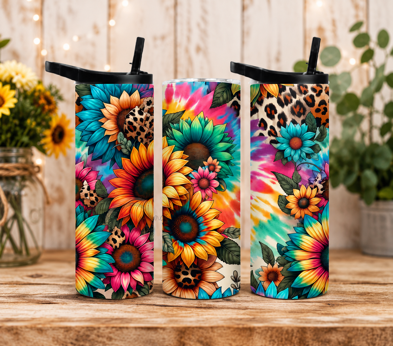 Colorful Sunflower 20oz Tumbler, Leopard Print Floral Travel Cup, Tie Dye Sunflower Gift for Her
