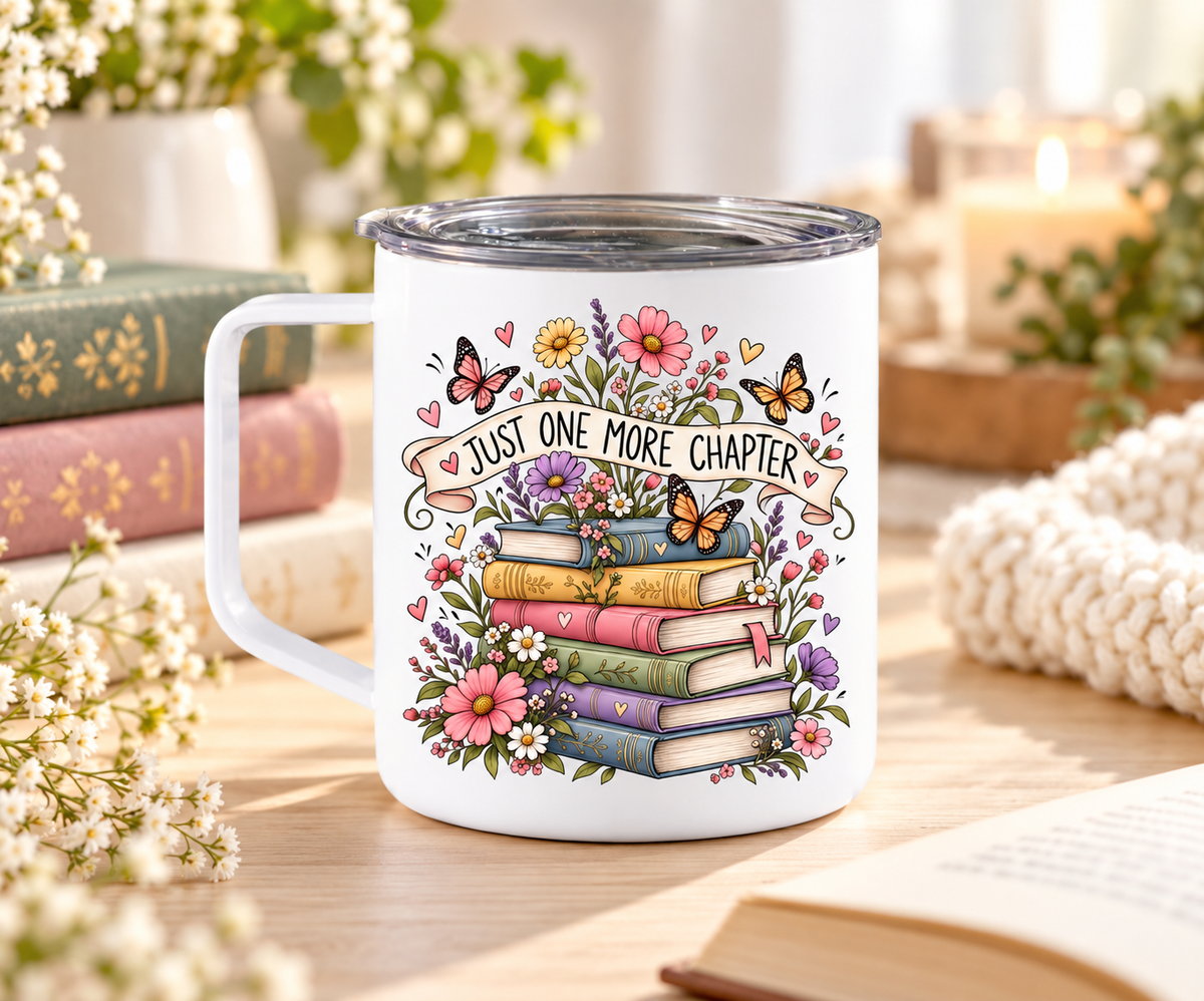 12 oz book lover camper mug with stacked books, colorful flowers, butterflies and Just One More Chapter design
