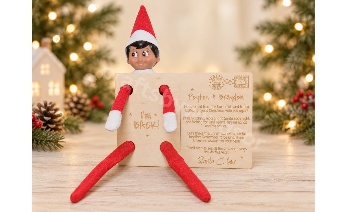 Personalized Birch Wood Elf Postcard & Footprint Stencil Set