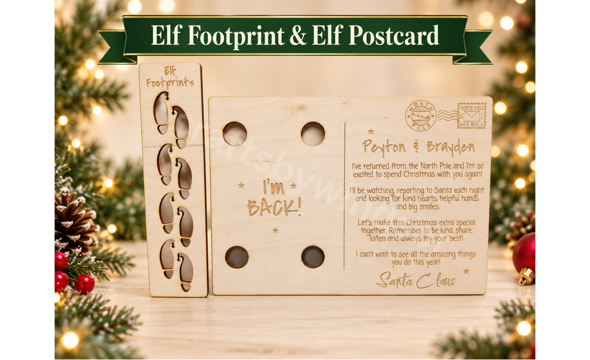 Personalized Birch Wood Elf Postcard & Footprint Stencil Set