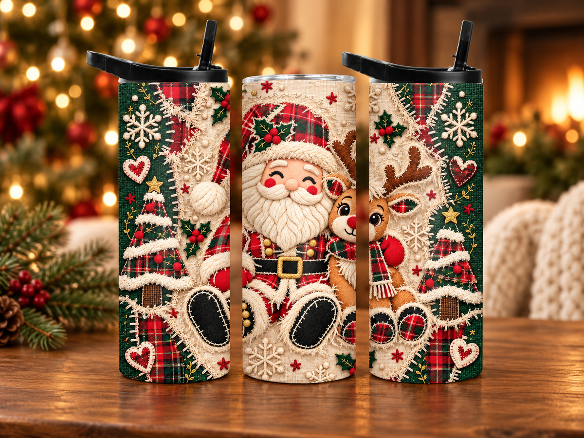 Christmas Patchwork Santa & Reindeer 20 oz Duo Lid Tumbler