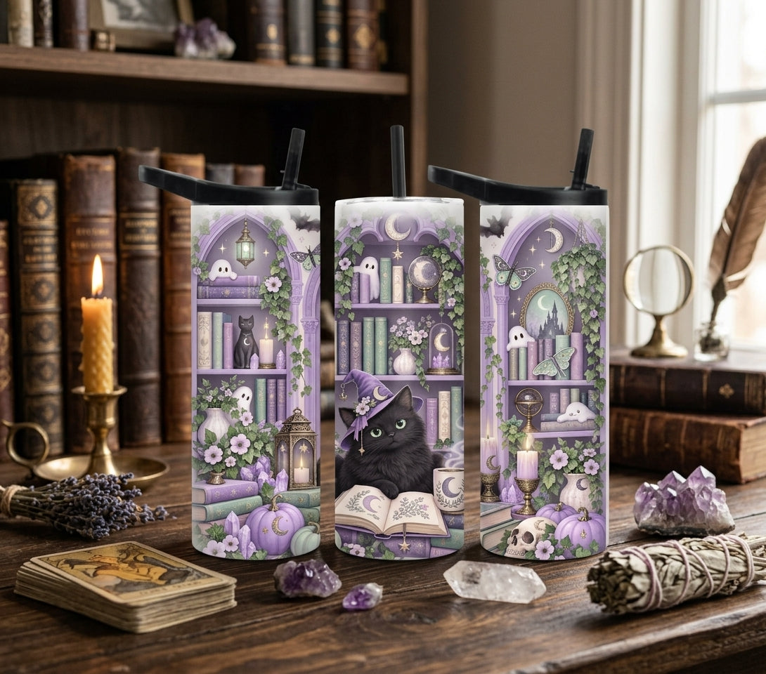 Spooky Book Lover Black Cat 20oz Duo Lid Tumbler | Purple Witchy Reading Cup