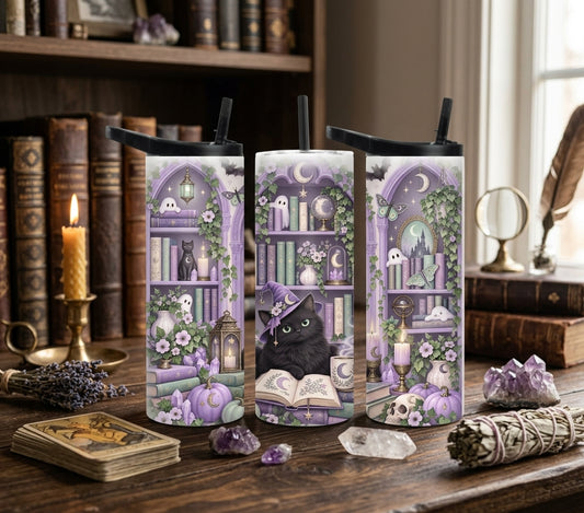 Spooky Book Lover Black Cat 20oz Duo Lid Tumbler | Purple Witchy Reading Cup