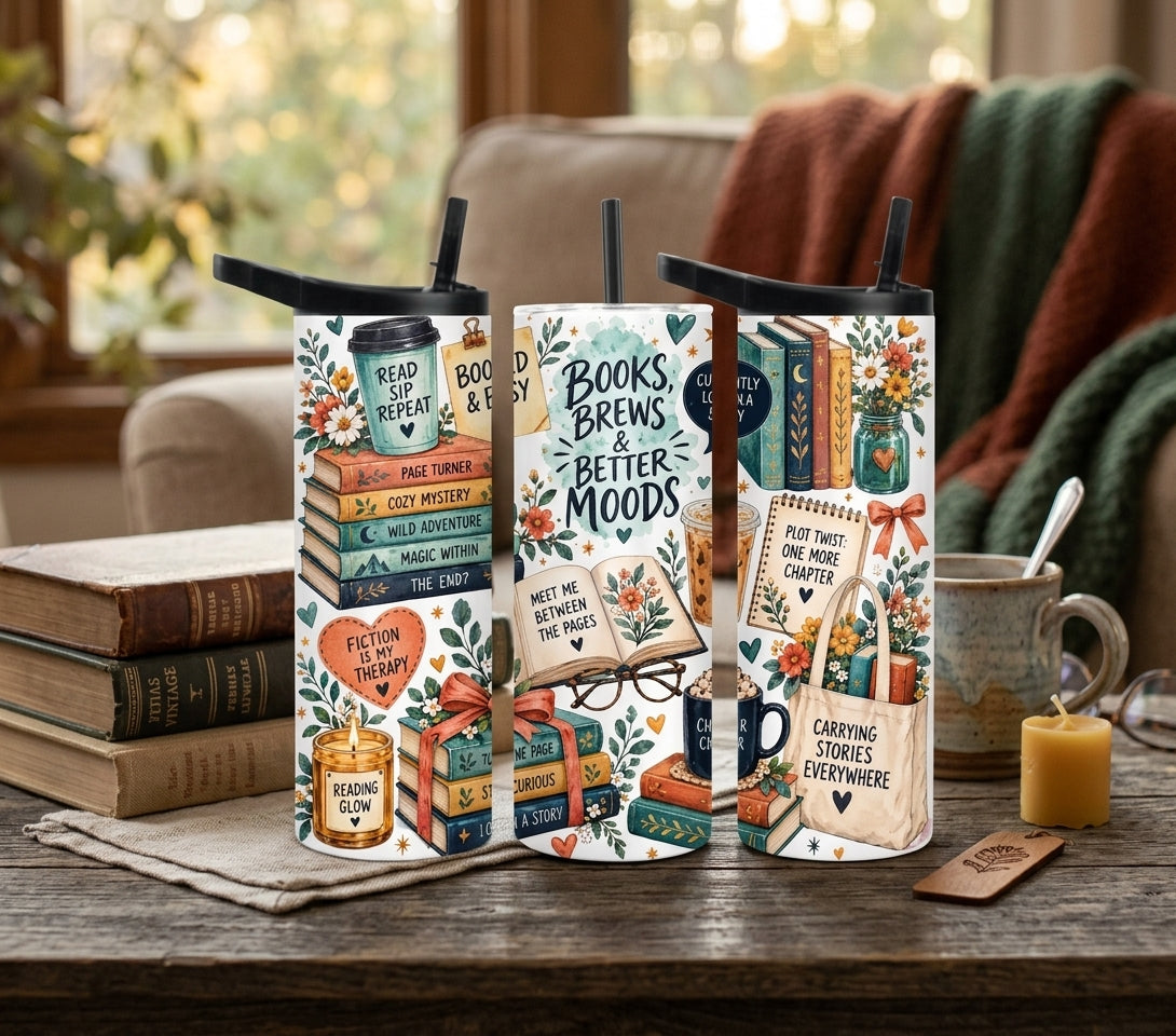 Book Lover 20oz Duo Lid Tumbler | Books, Brews & Better Moods Reading Cup