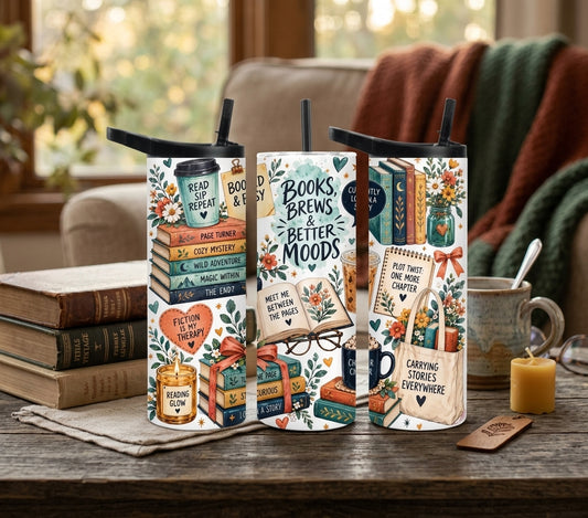 Book Lover 20oz Duo Lid Tumbler | Books, Brews & Better Moods Reading Cup