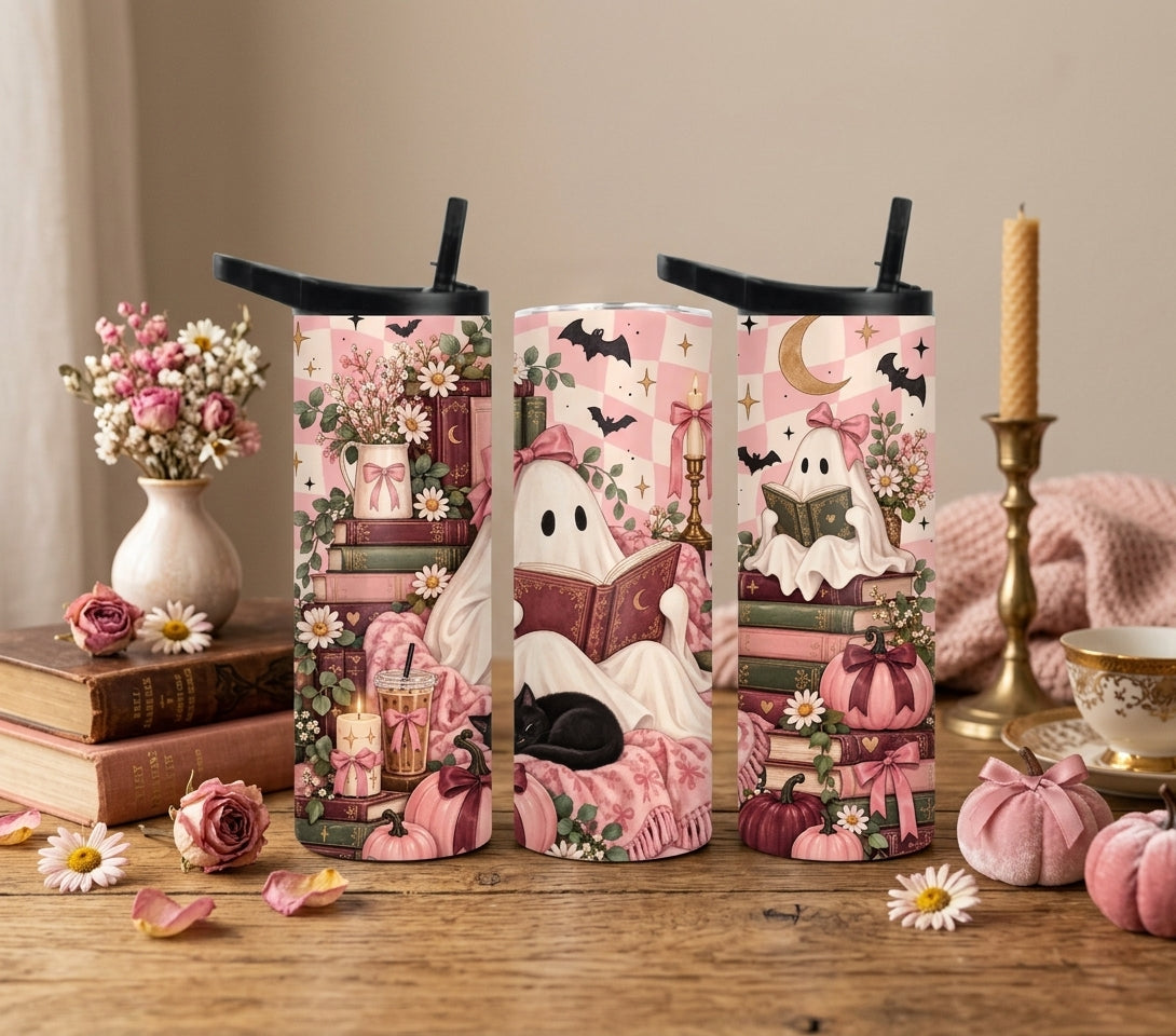 Pink Bookish Ghost 20 oz Duo Lid Tumbler