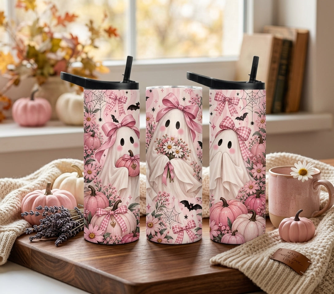 Pink Ghost Halloween 20oz Duo Lid Tumbler | Cute Spooky Pumpkin Cup