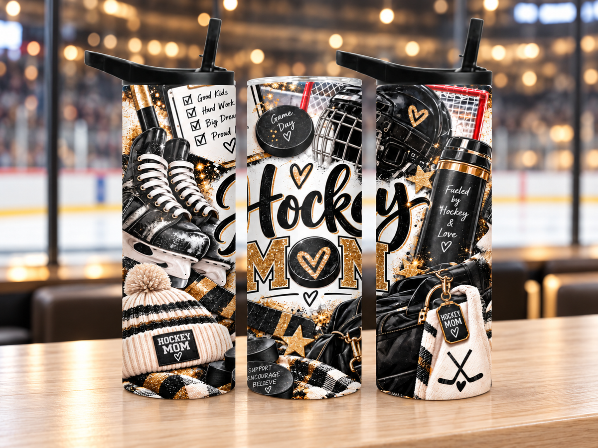 Hockey Mom 20 oz Duo Lid Tumbler | Black Gold Glitter Sports Drinkware | Ice Hockey Mother's Gift
